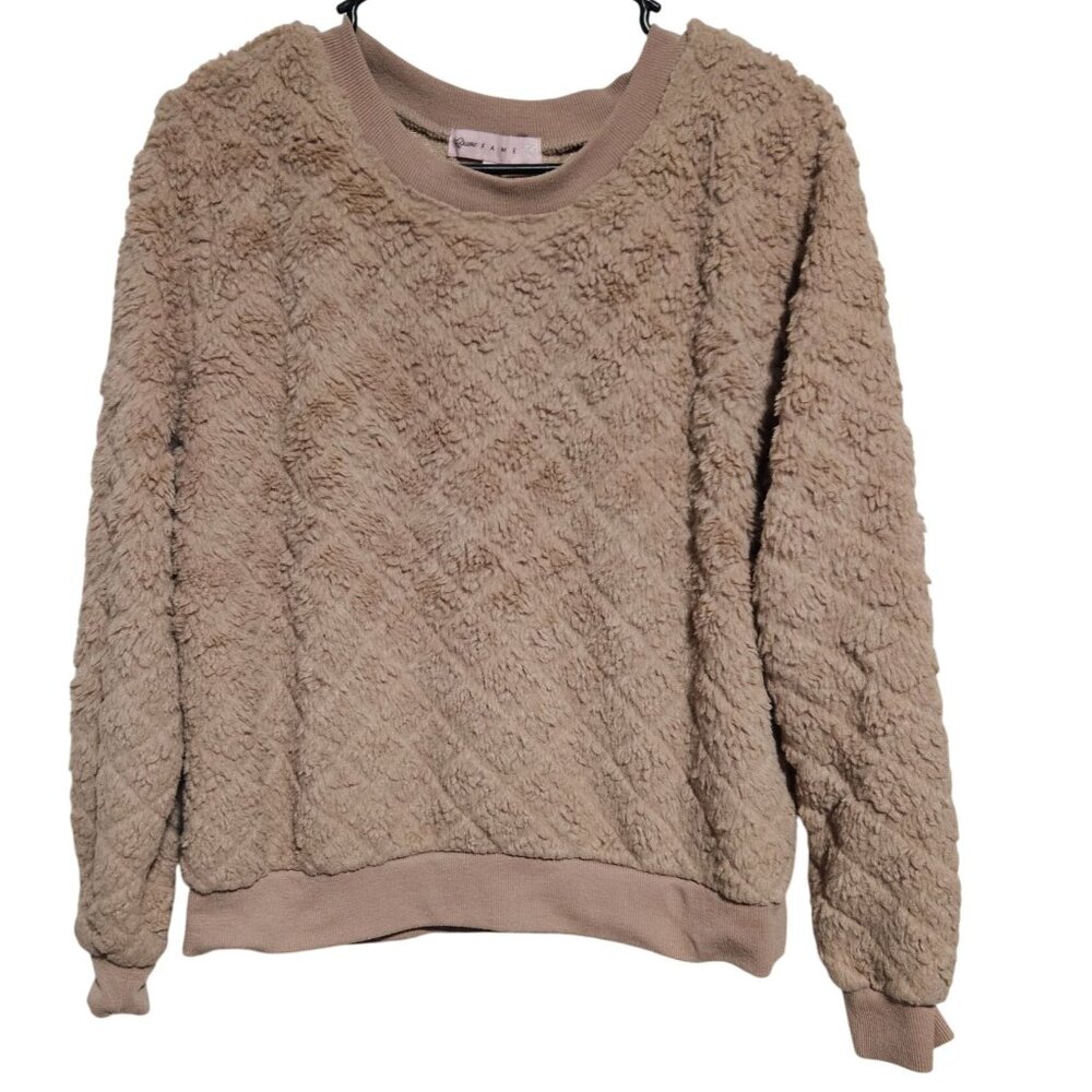 Crave Fame Tan Textured Sweater Womens Size Large Cozy Crewneck Pullover Cuffs